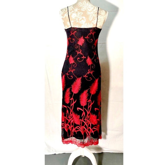 Y2K Francesca Caretti Black Red Floral Embroidered A-Line Midi Cocktail Dress~4~ - Picture 8 of 12